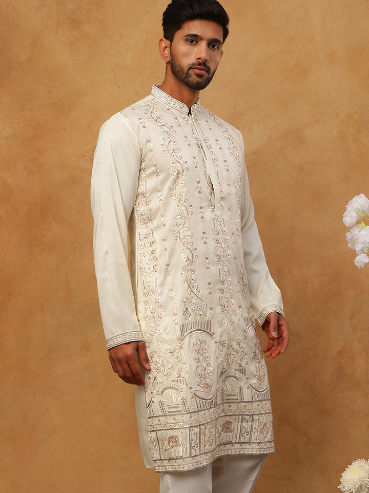 Men Silk Blend Embroidered Kurta