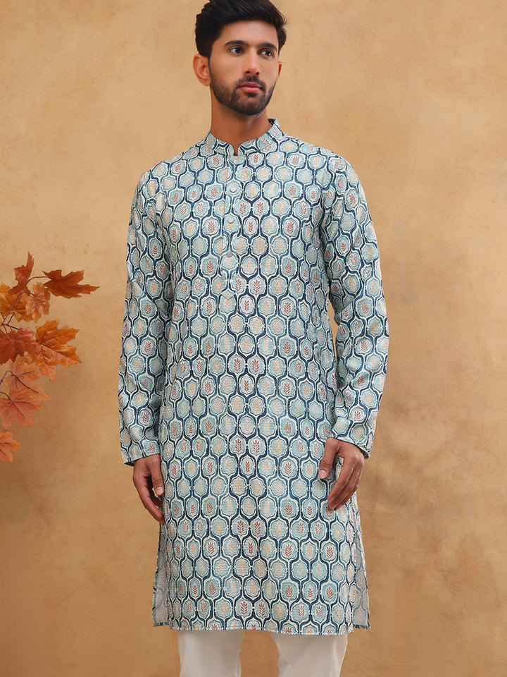 Printed Cotton Blend Kurta With Thread Work