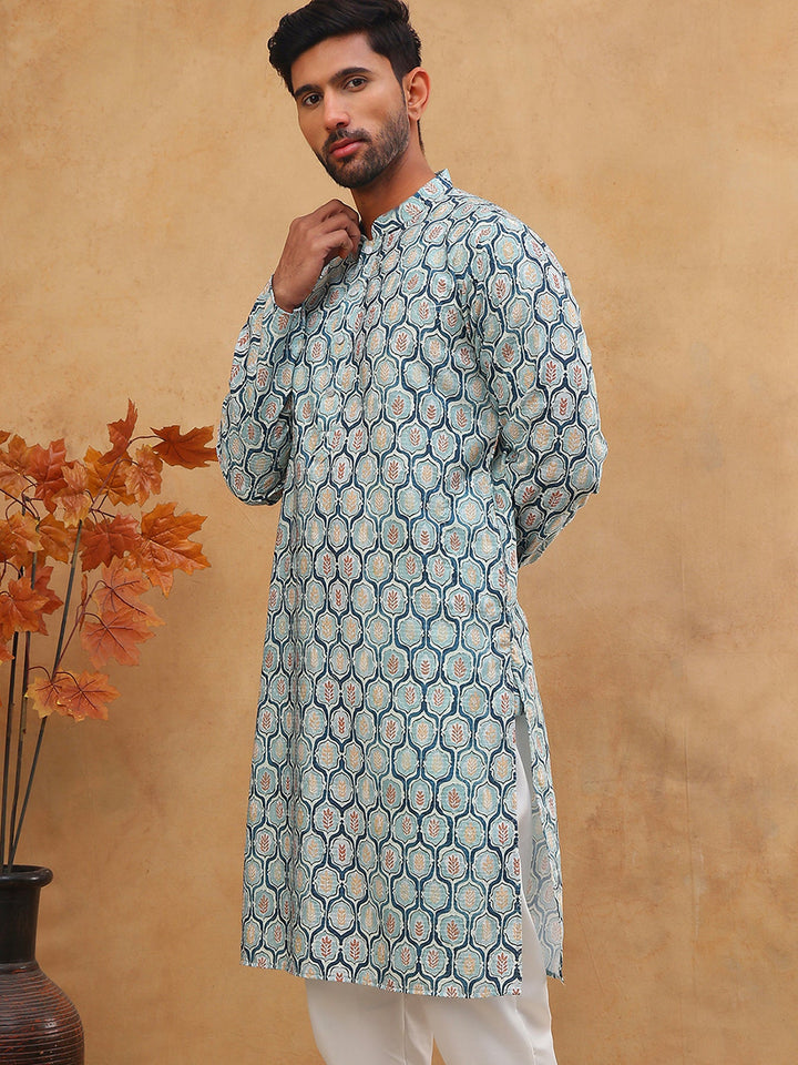 Printed Cotton Blend Kurta With Thread Work