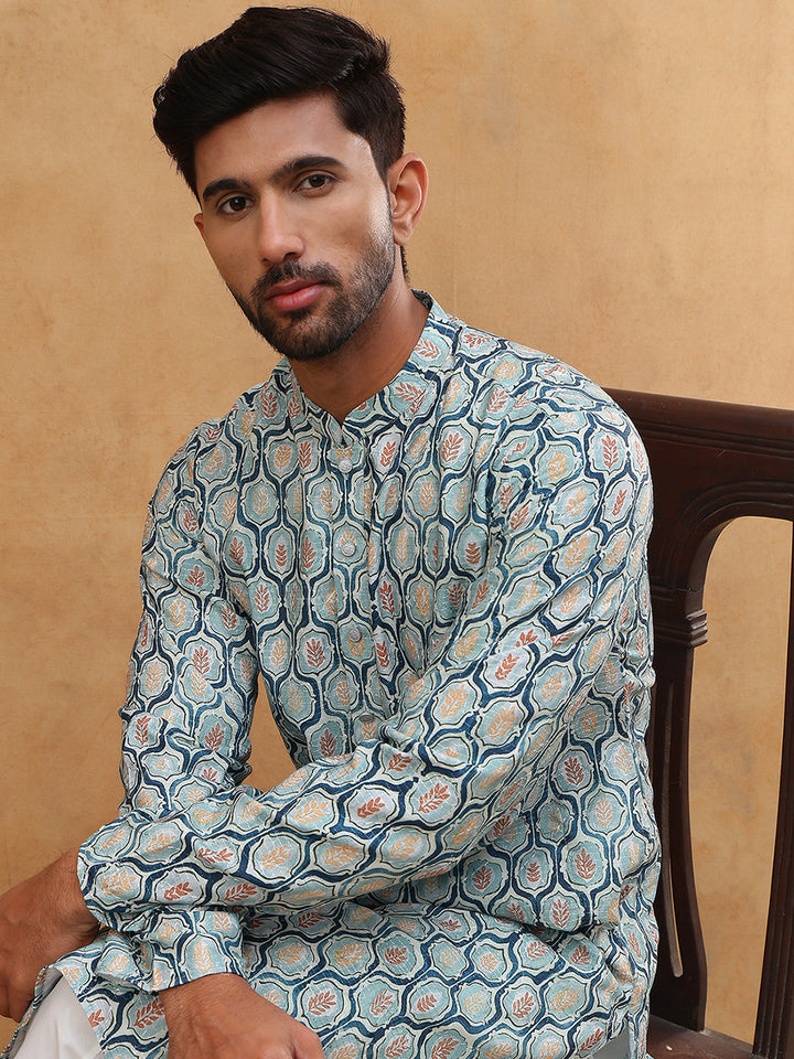 Printed Cotton Blend Kurta With Thread Work