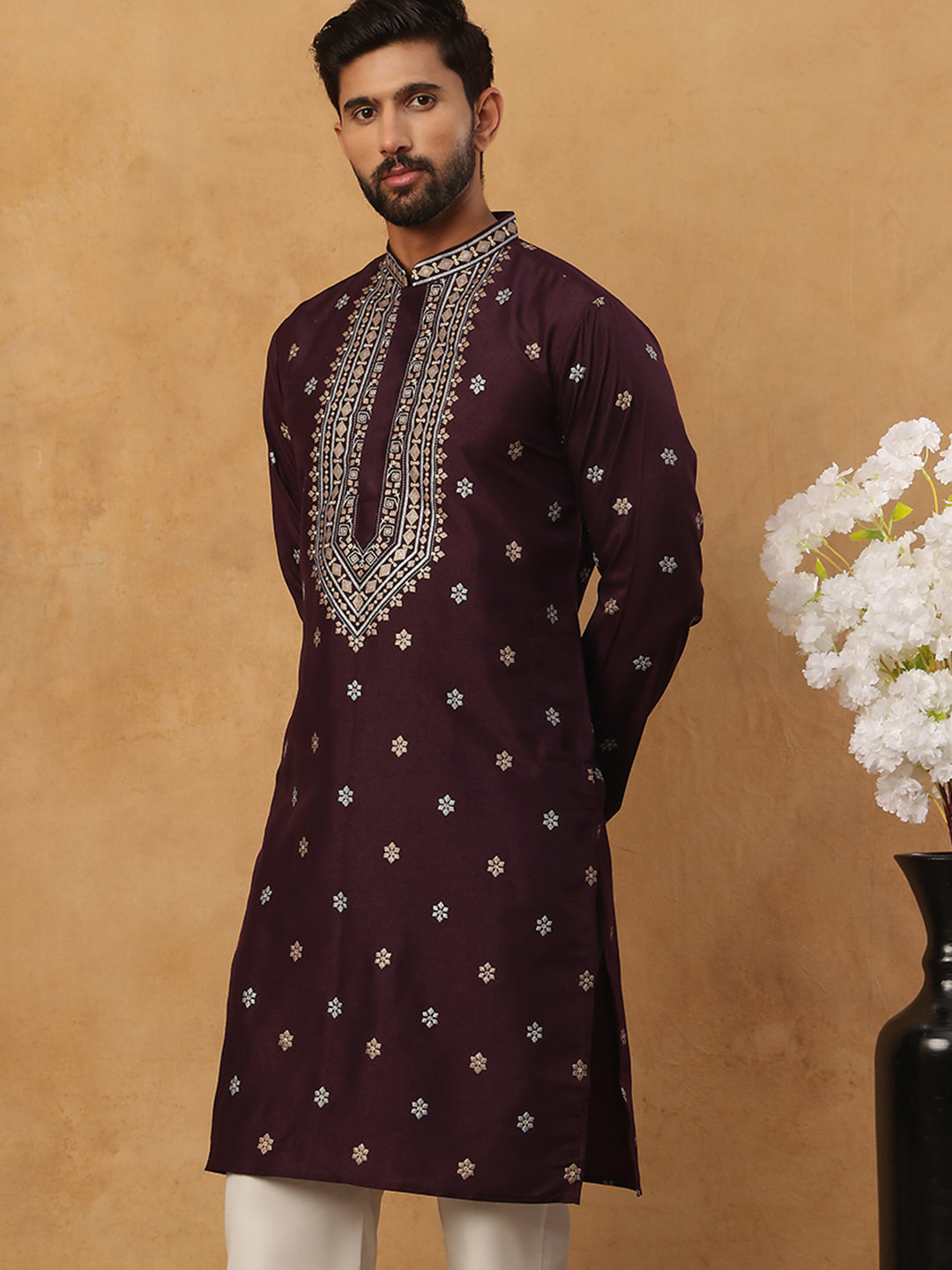 Ethnic Silk Blend Foil Print Kurta