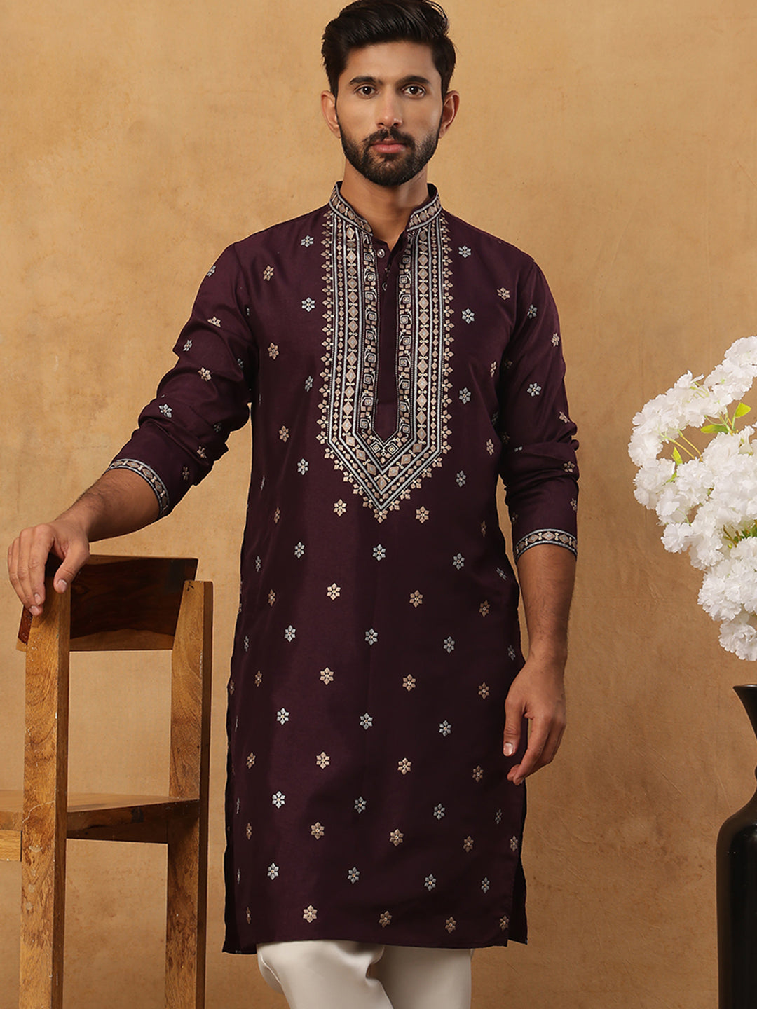 Ethnic Silk Blend Foil Print Kurta