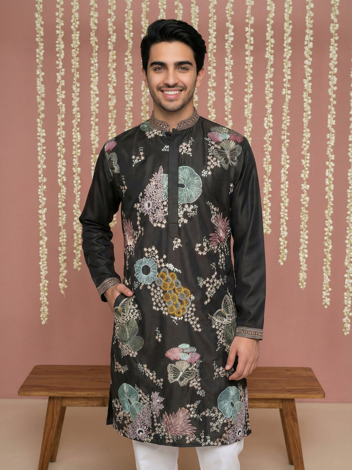 Black Silk Blend Embroidered Kurta