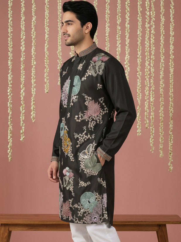Black Silk Blend Embroidered Kurta