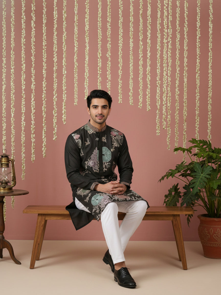 Black Silk Blend Embroidered Kurta