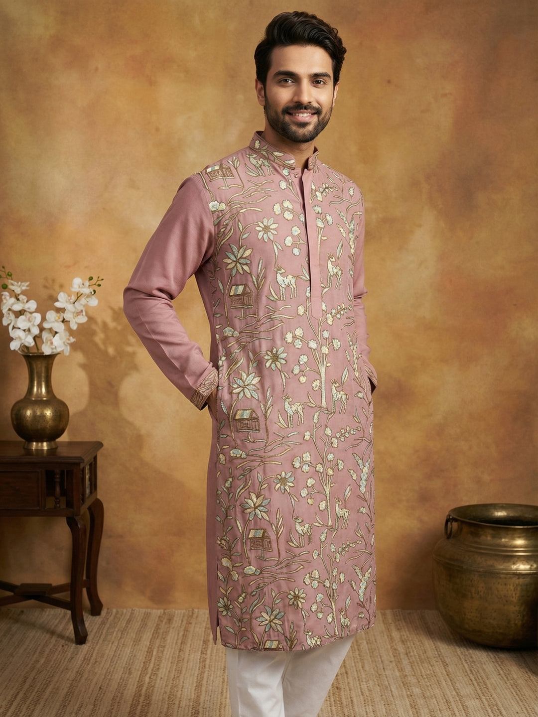 Silk Blend Designer Embroidered Kurta