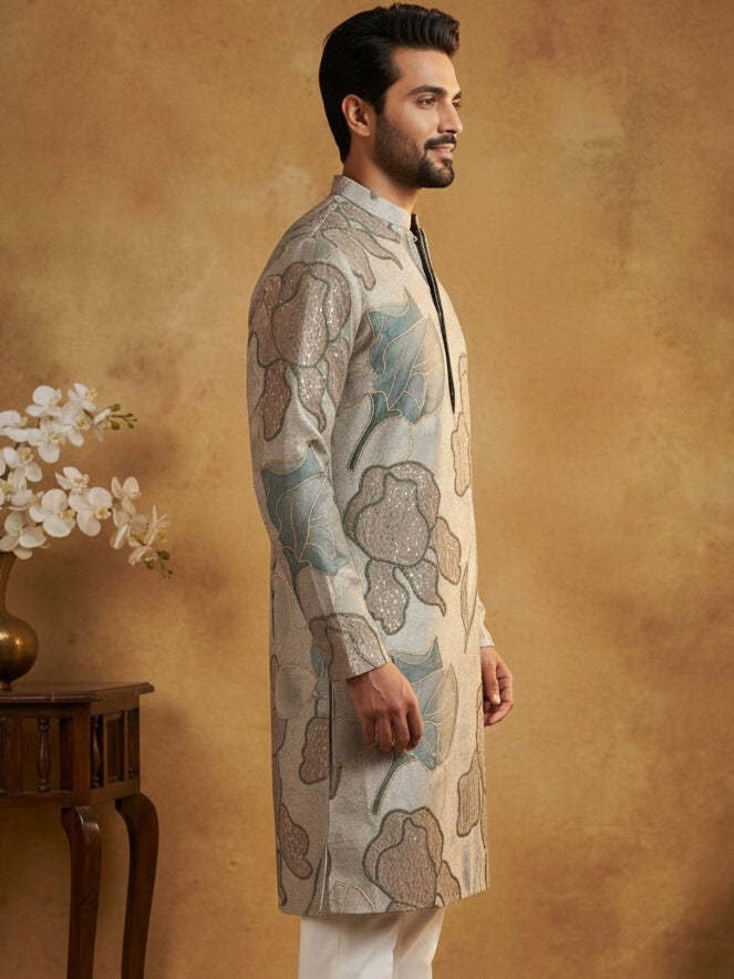 Silk Blend Kurta With Embroidery And Print