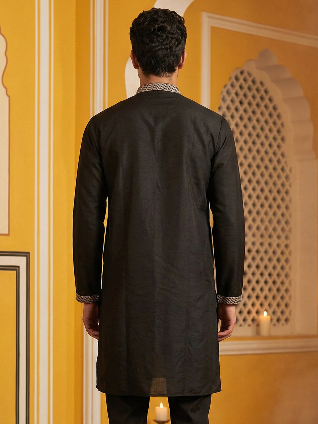 Black Silk Blend Embroidered Kurta