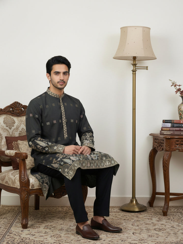 Men Silk Blend Embroidered Kurta