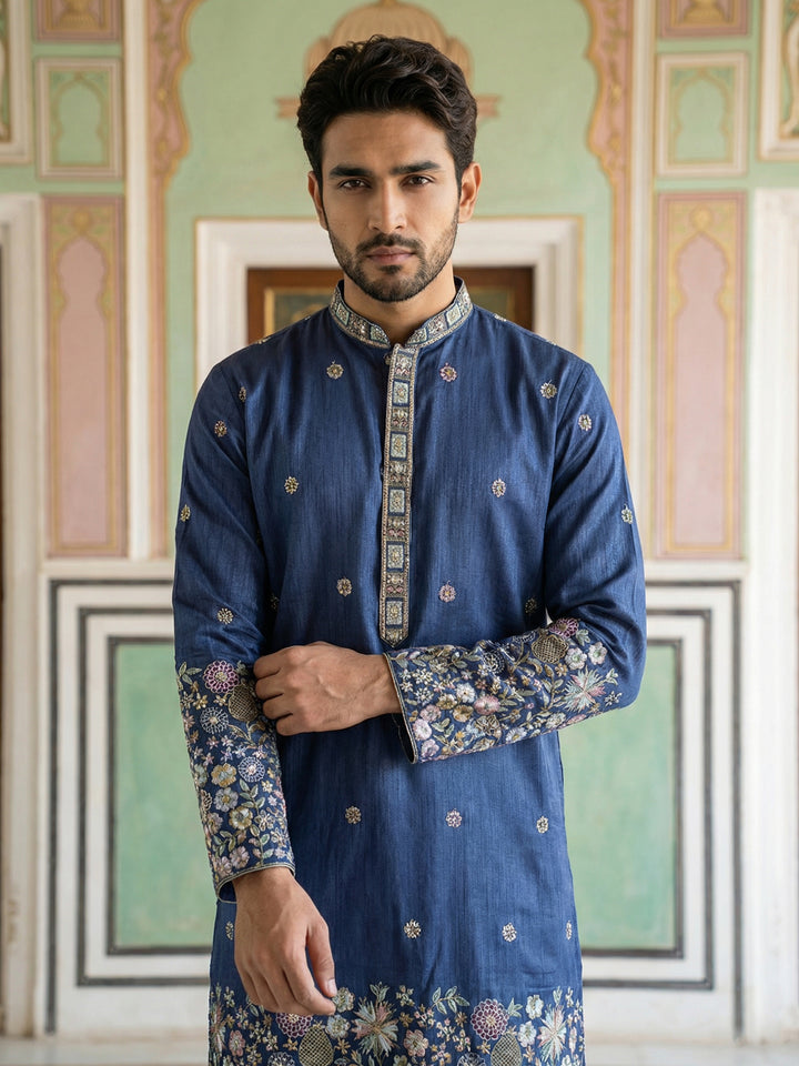 Men Silk Blend Embroidered Kurta