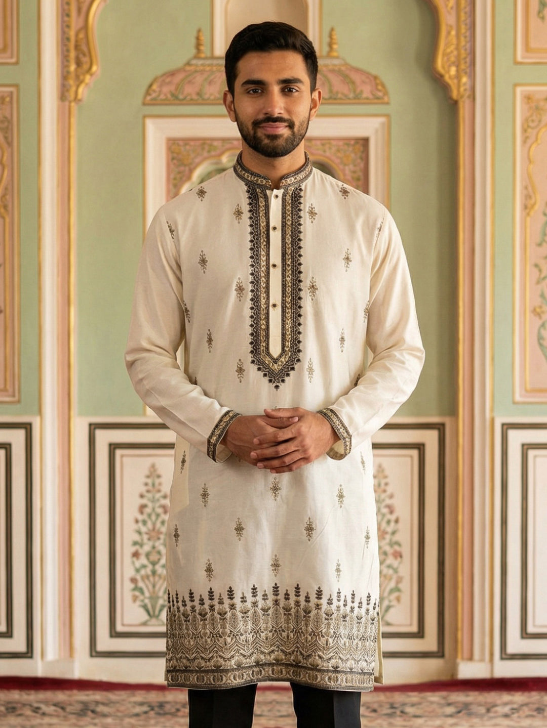Men Embroidered Silk Blend Kurta