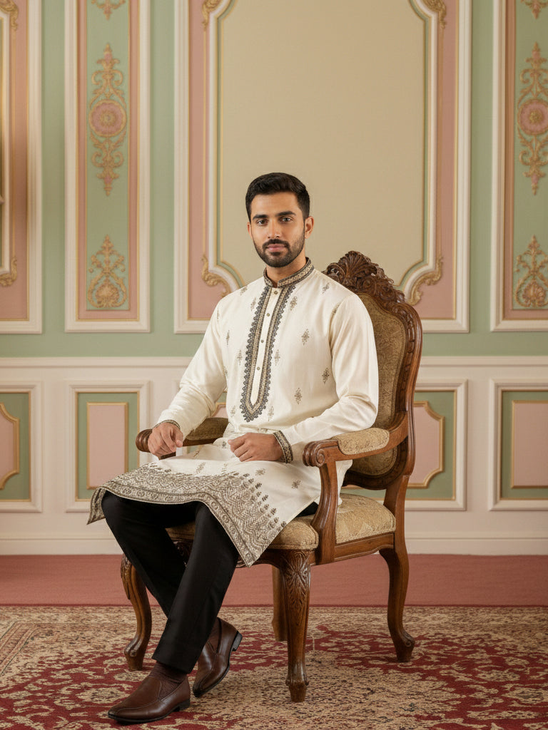 Men Embroidered Silk Blend Kurta