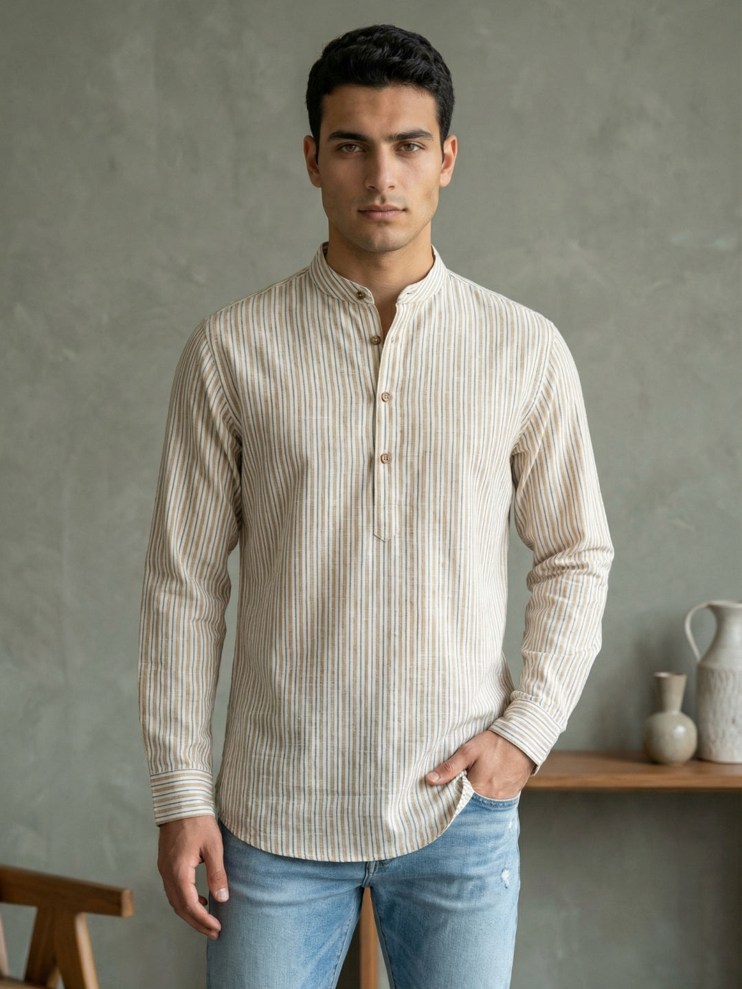 Men’S Beige Striped Short Kurta