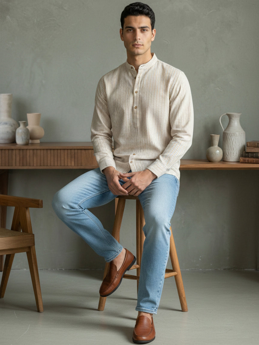 Men’S Beige Striped Short Kurta