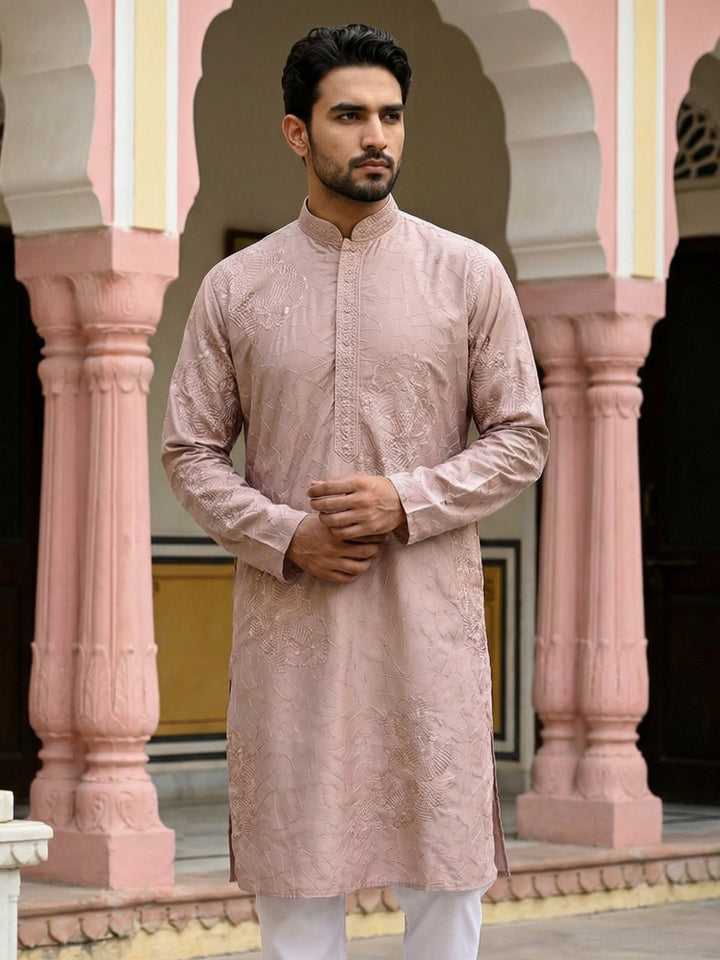 Men Peach Embroidered Festive Kurta