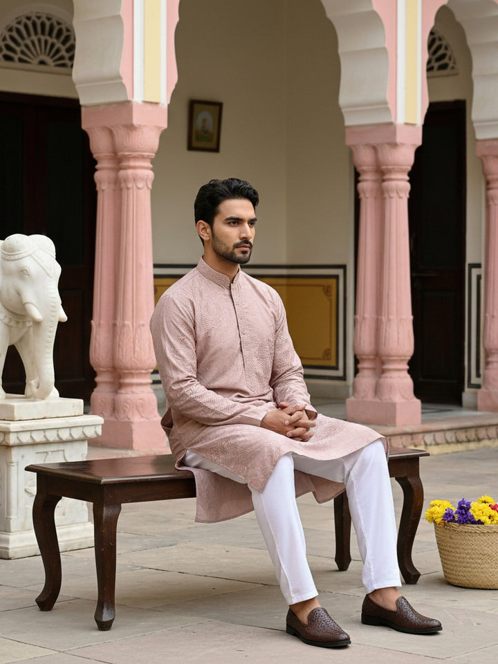 Men Peach Embroidered Festive Kurta