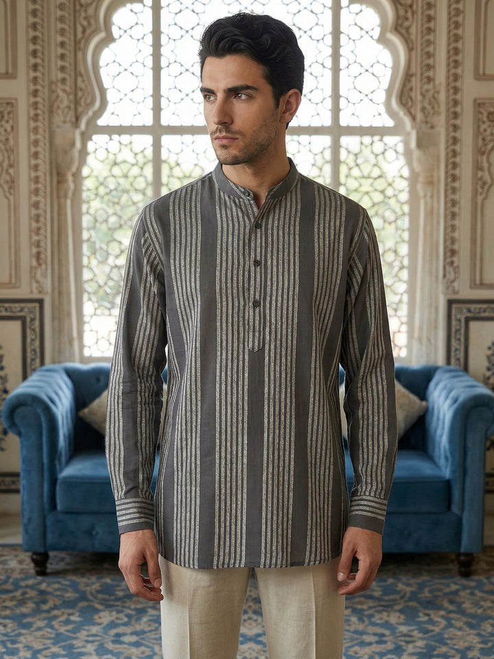 Stripe Pattern Cotton Blend Ethnic Kurta