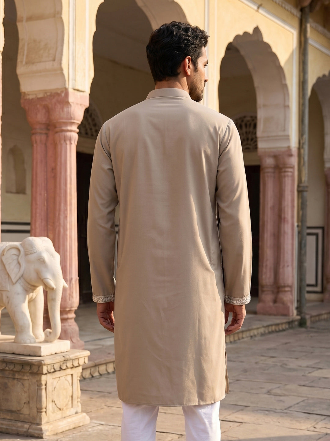 Men Japanese Imported Beige Embroidered Kurta