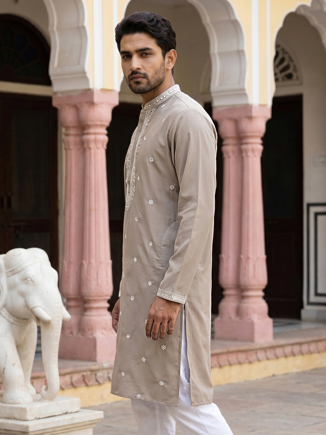 Men Japanese Imported Beige Embroidered Kurta