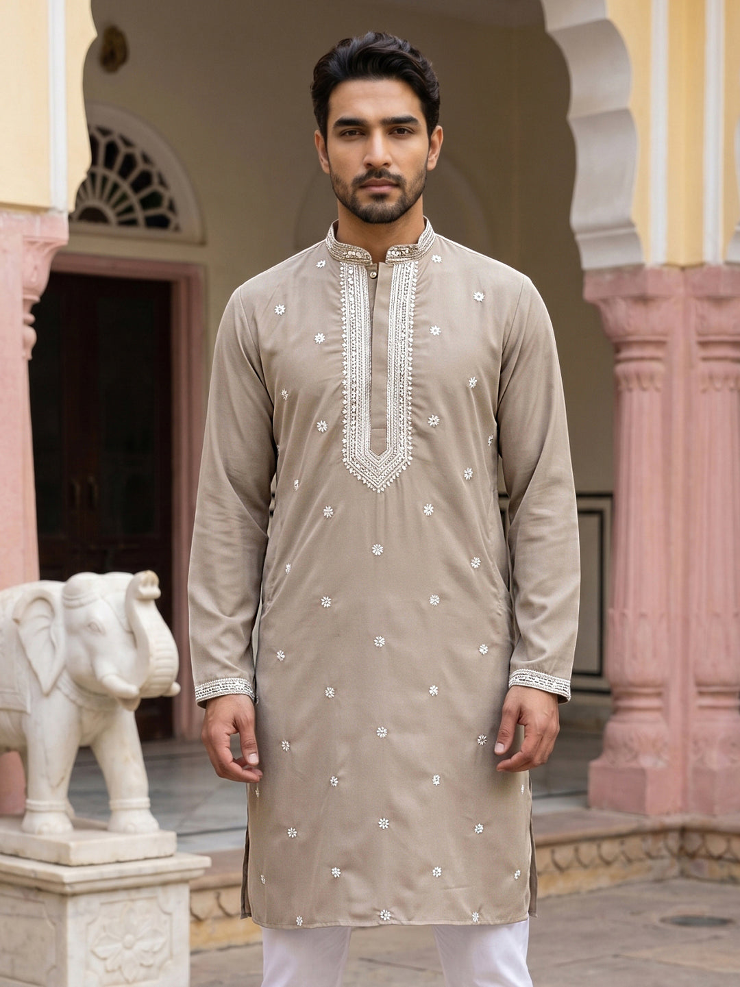 Men Japanese Imported Beige Embroidered Kurta