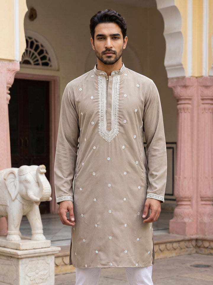 Men Japanese Imported Beige Embroidered Kurta