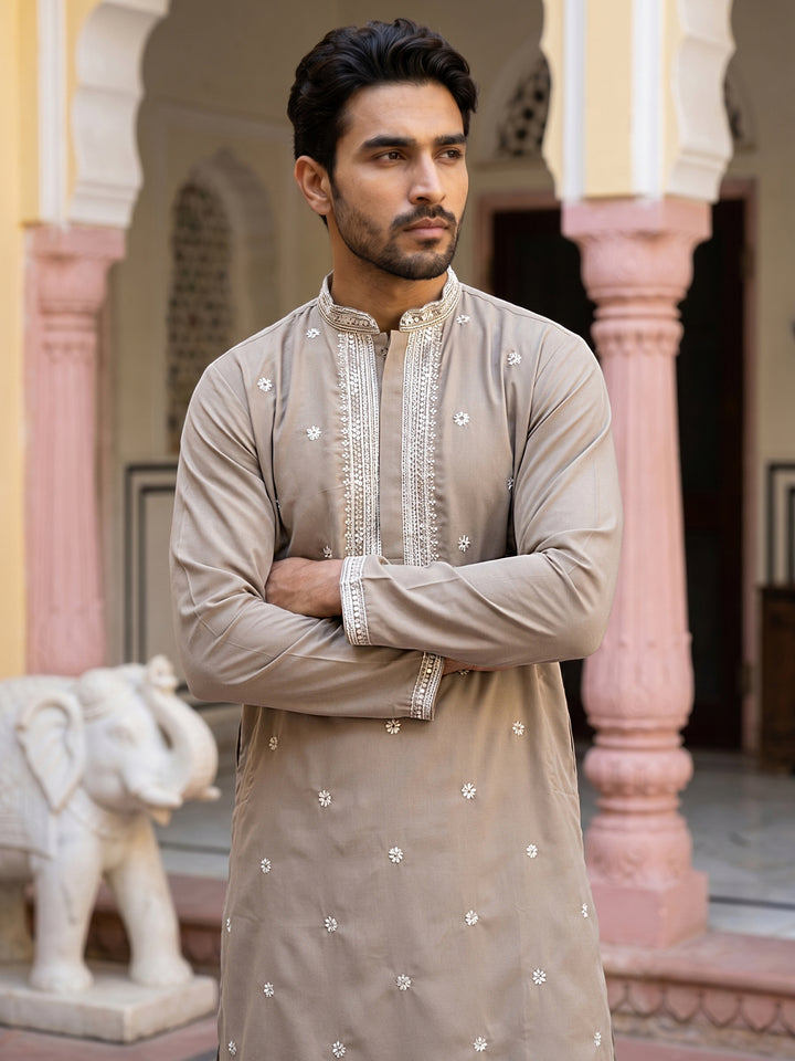 Men Japanese Imported Beige Embroidered Kurta