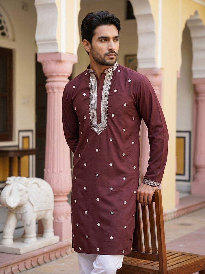 Men Japanese Imported Maroon Embroidered Kurta