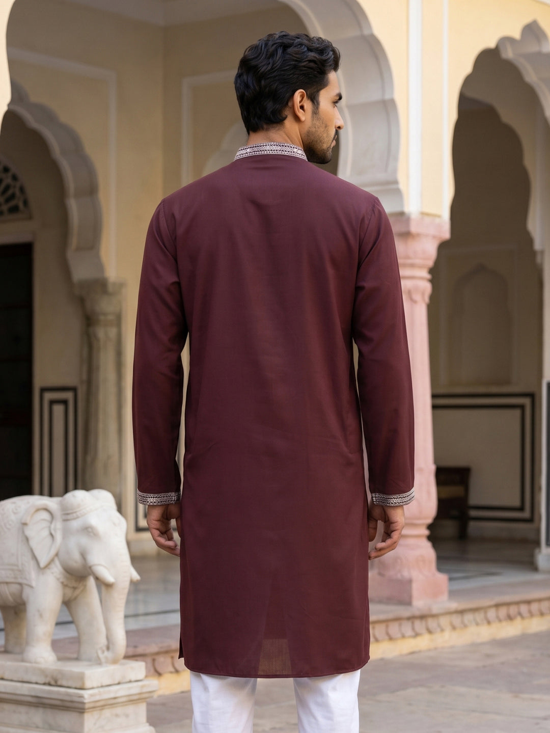 Men Japanese Imported Maroon Embroidered Kurta