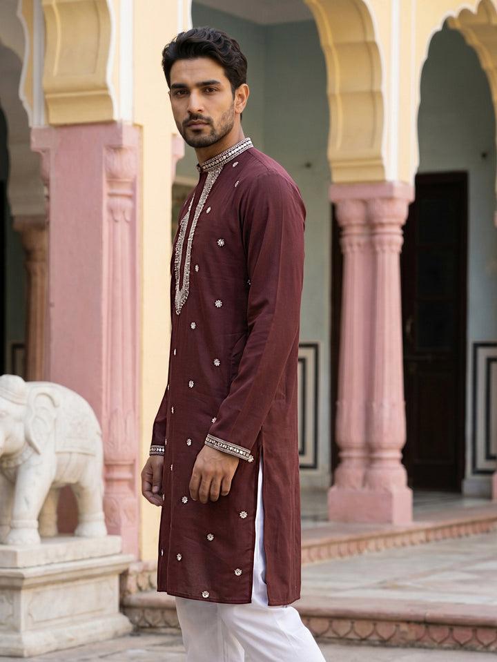 Men Japanese Imported Maroon Embroidered Kurta
