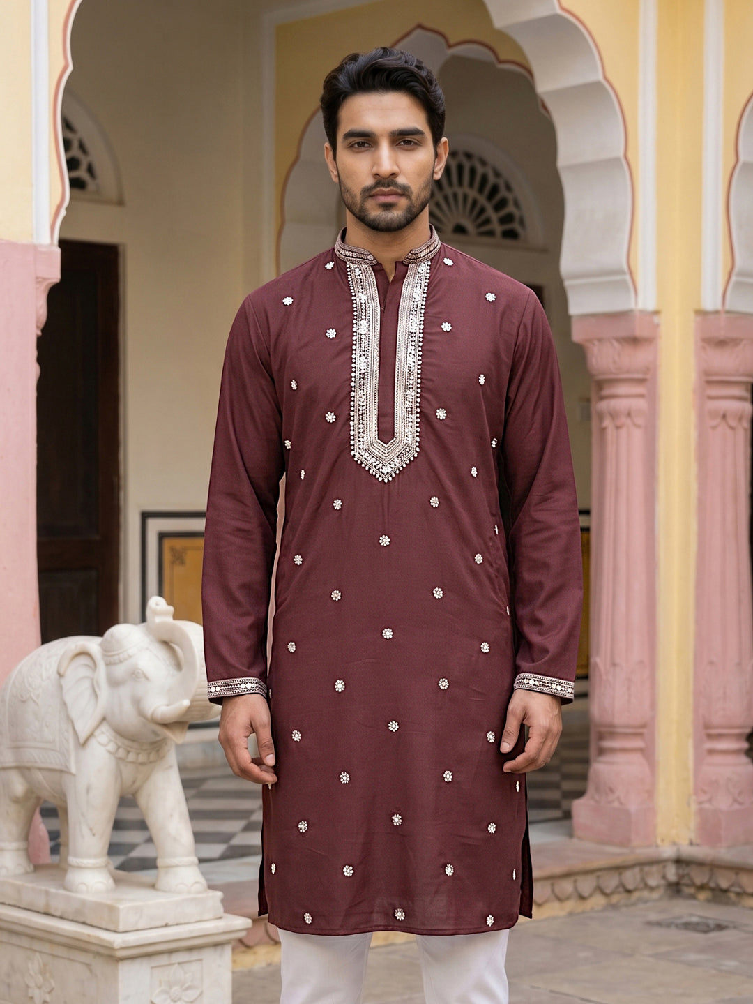 Men Japanese Imported Maroon Embroidered Kurta