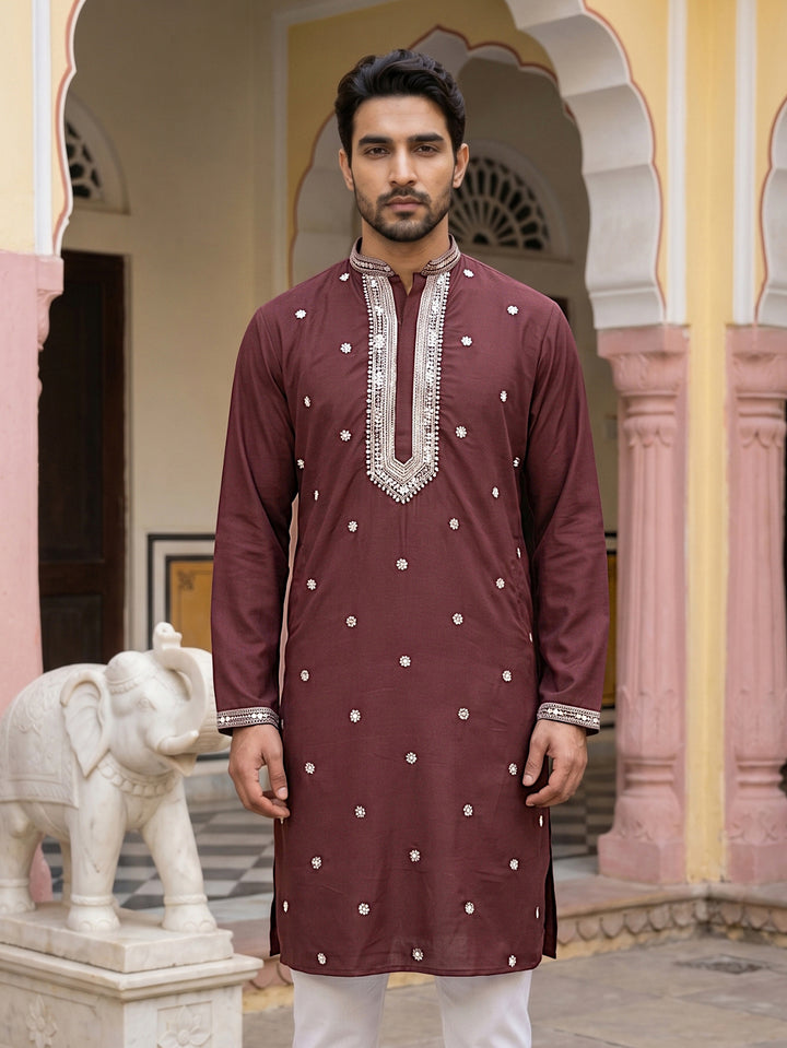 Men Japanese Imported Maroon Embroidered Kurta