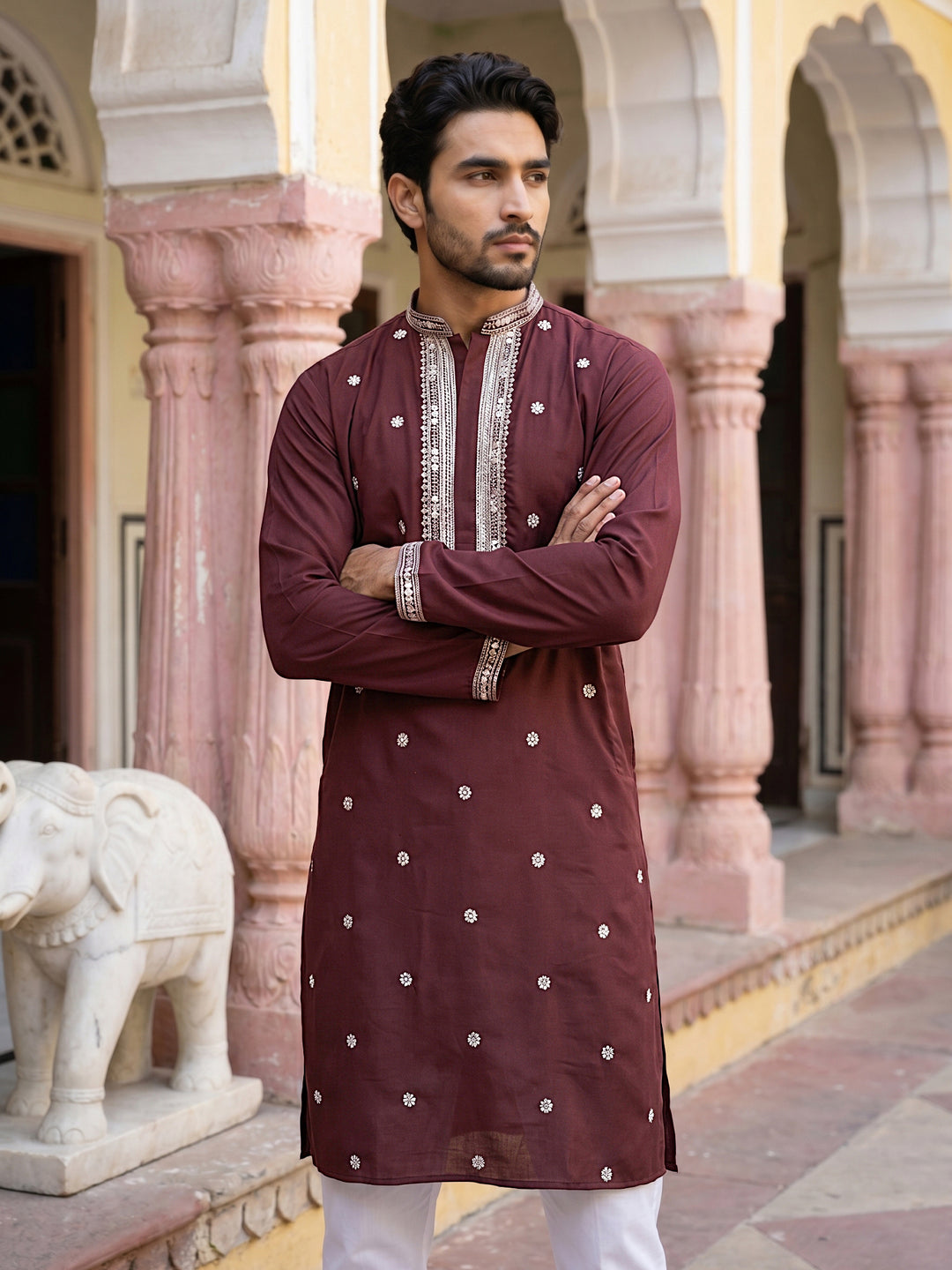 Men Japanese Imported Maroon Embroidered Kurta