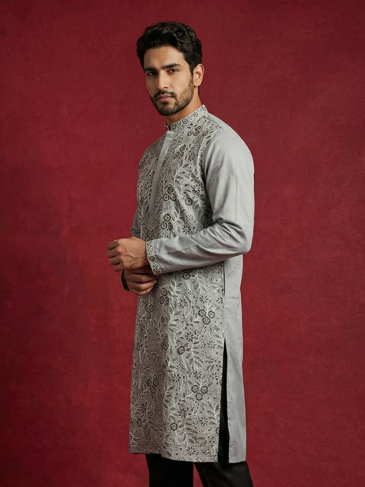 Men Festive Grey Embroidered Straight Kurta