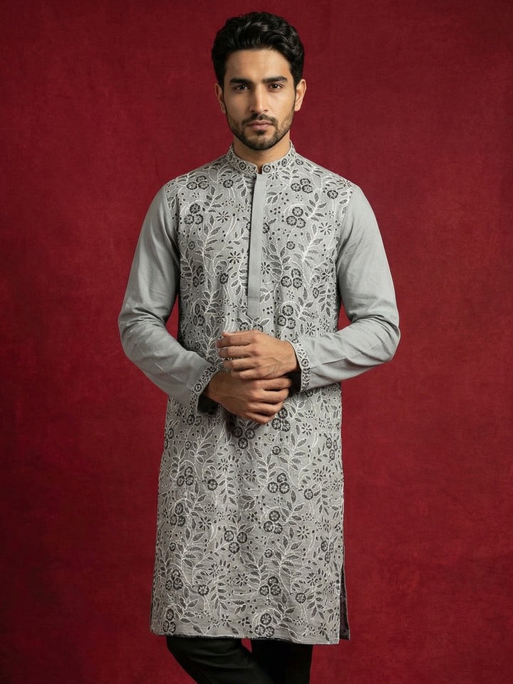 Men Festive Grey Embroidered Straight Kurta