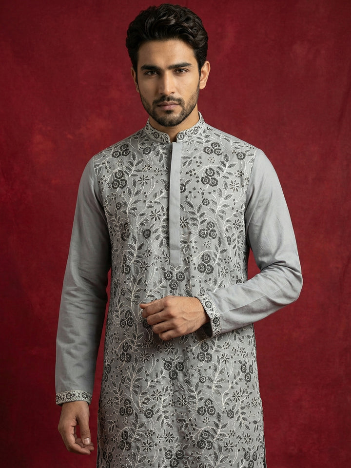 Men Festive Grey Embroidered Straight Kurta