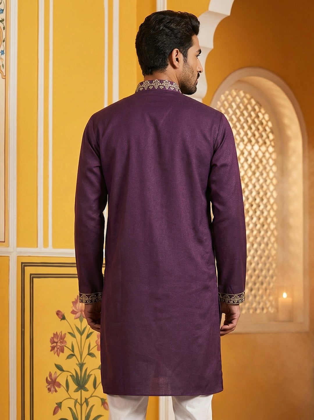 Purple Embroidered Cotton Blend Kurta