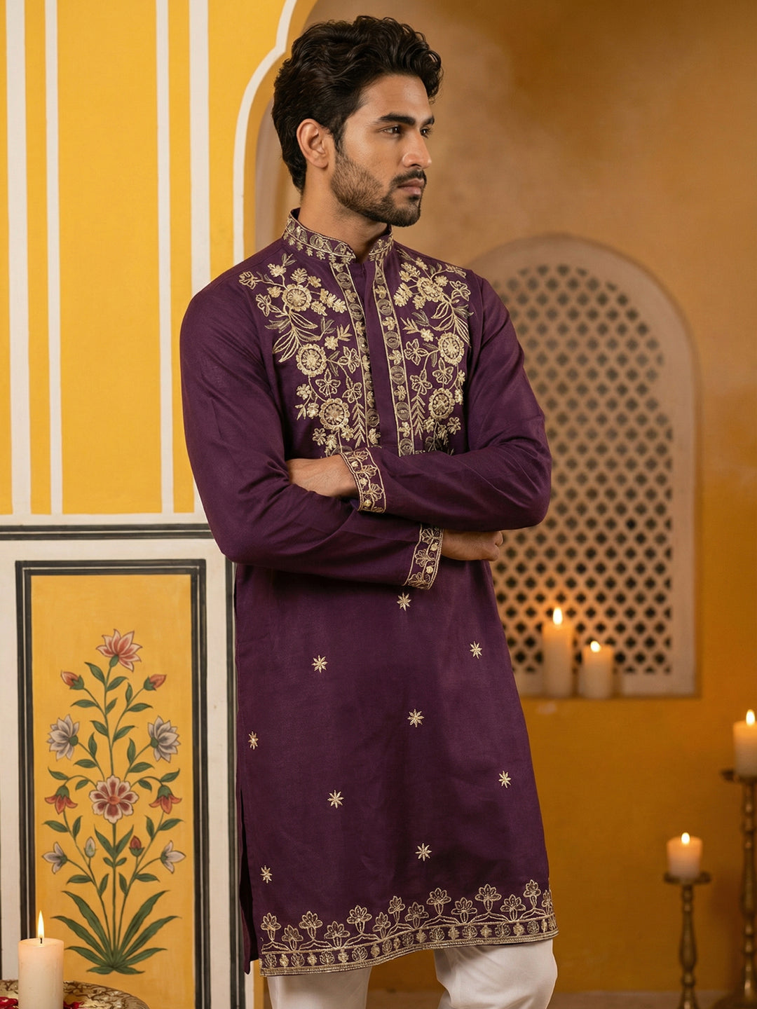 Purple Embroidered Cotton Blend Kurta