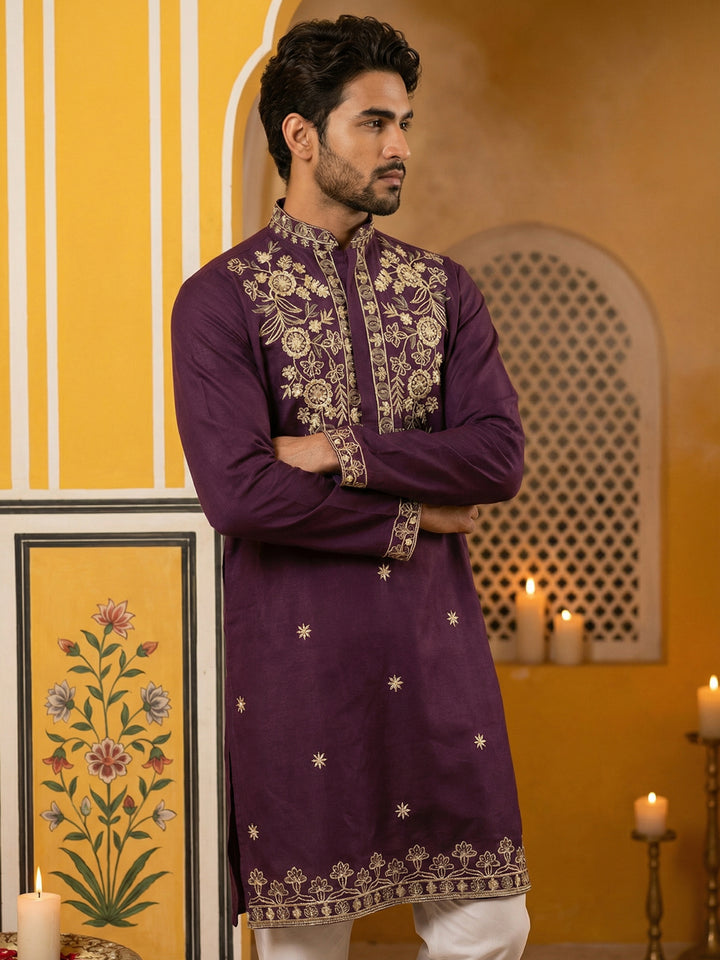 Purple Embroidered Cotton Blend Kurta