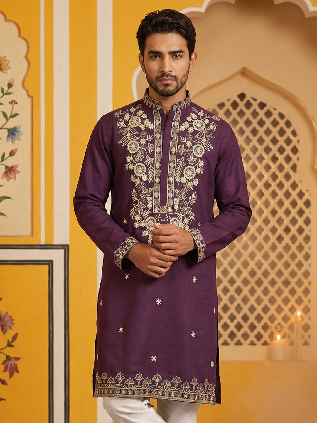 Purple Embroidered Cotton Blend Kurta