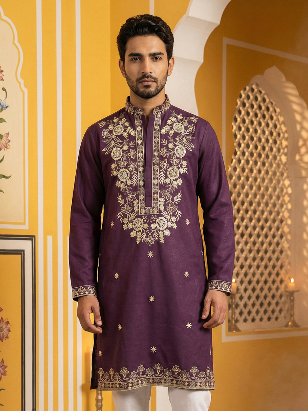 Purple Embroidered Cotton Blend Kurta
