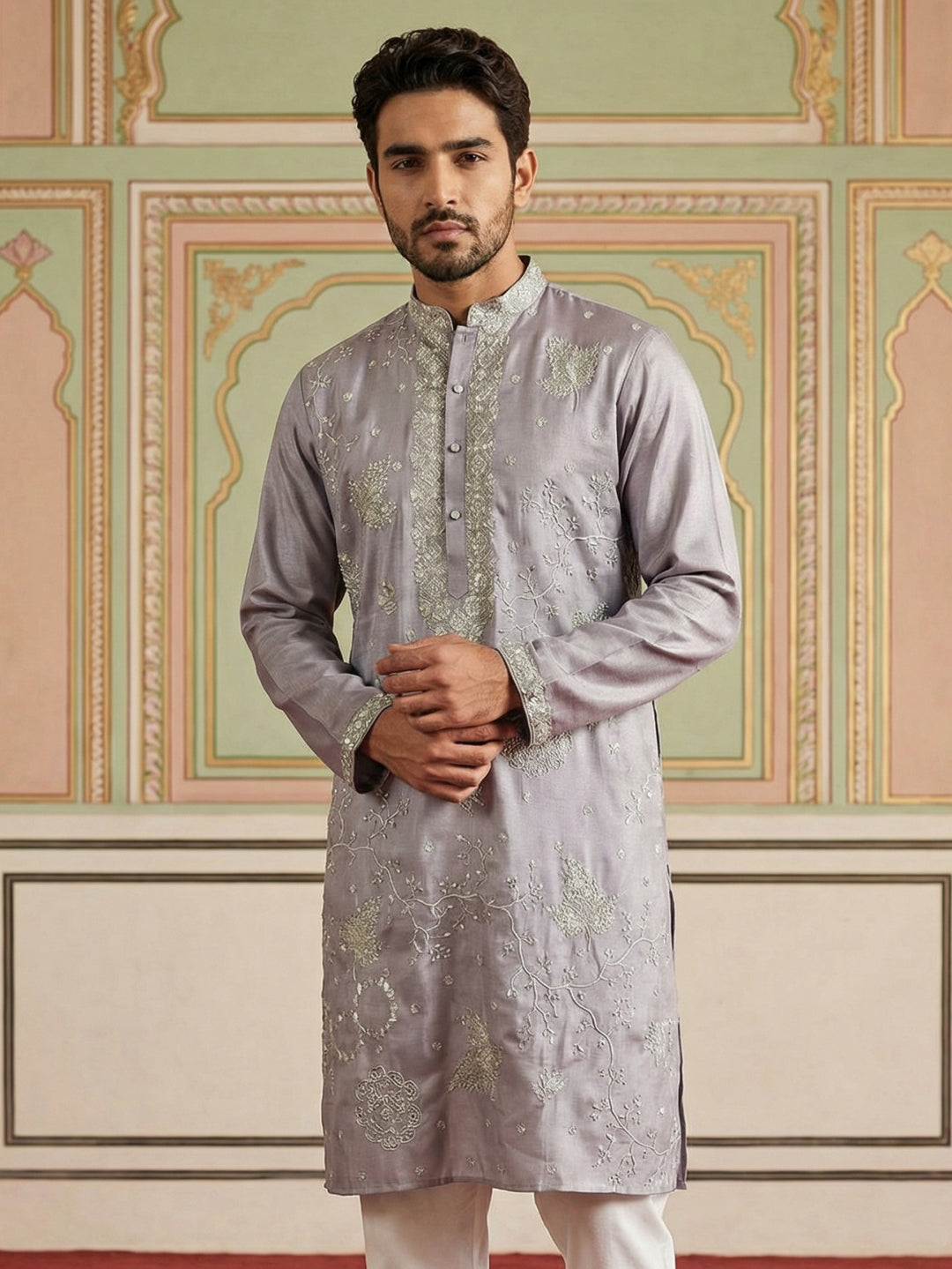 Embroidered Silk Blend Traditional Kurta