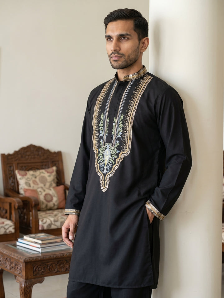 Black Cotton Blend Ethnic Embroidered Kurtas