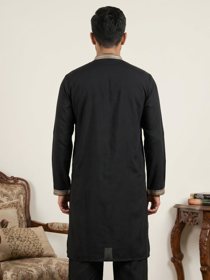 Black Cotton Blend Ethnic Embroidered Kurtas