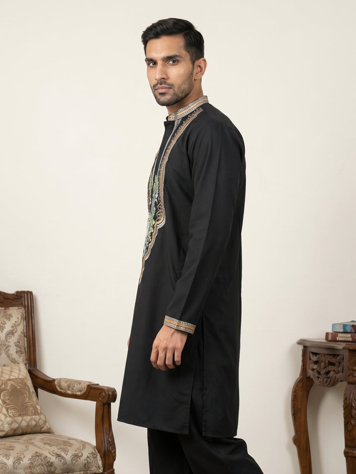 Black Cotton Blend Ethnic Embroidered Kurtas