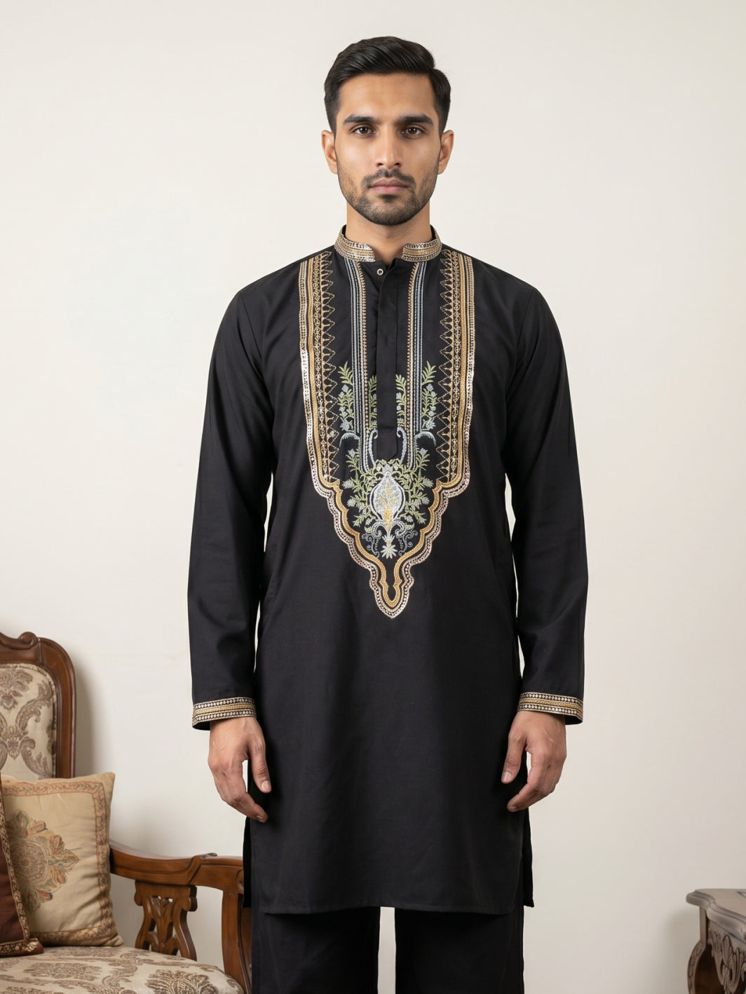 Black Cotton Blend Ethnic Embroidered Kurtas