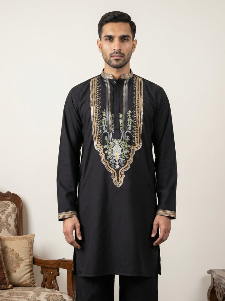Black Cotton Blend Ethnic Embroidered Kurtas