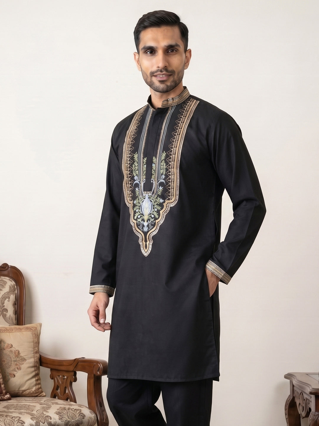 Black Cotton Blend Ethnic Embroidered Kurtas
