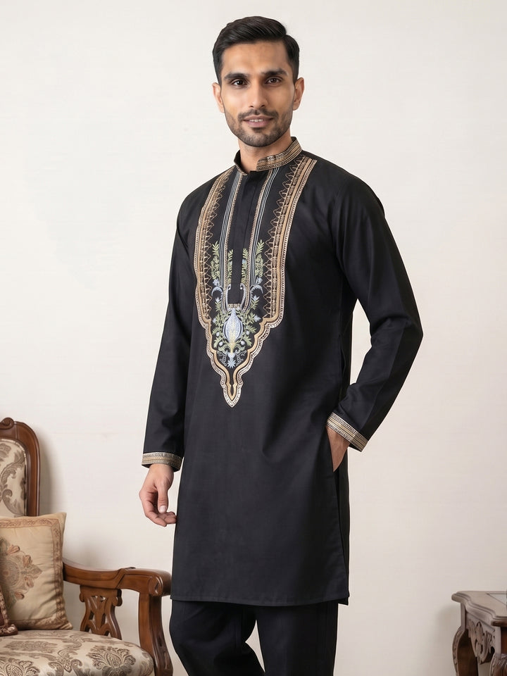 Black Cotton Blend Ethnic Embroidered Kurtas