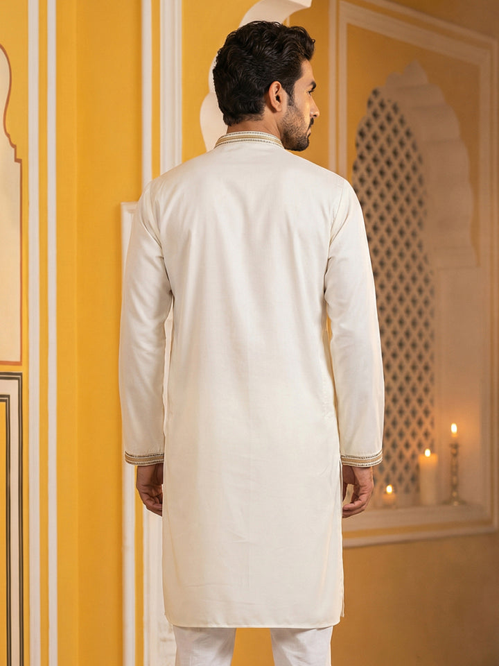 Cream Cotton Blend Ethnic Embroidered Kurta