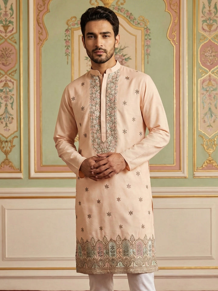 Men Silk Blend Embroidered Kurta